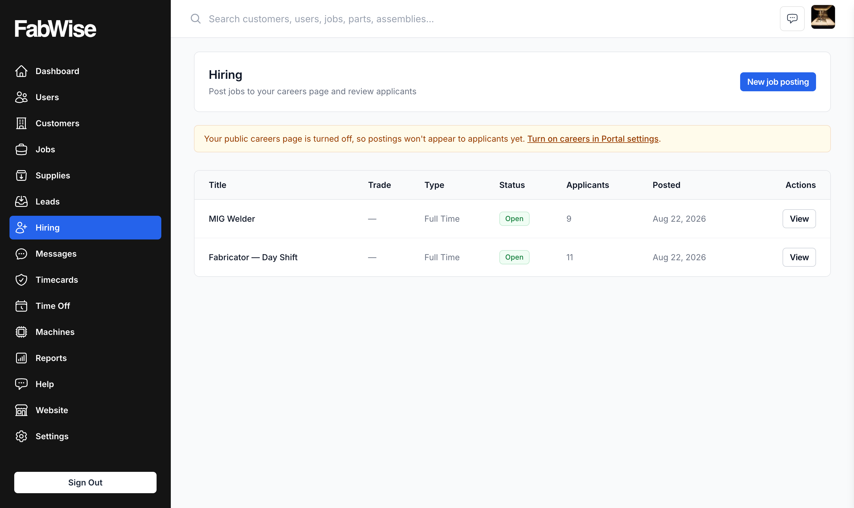 The Hiring page: open job postings with their type, status, applicant counts, and a New job posting button — with a banner pointing at the careers-page toggle when it's still off