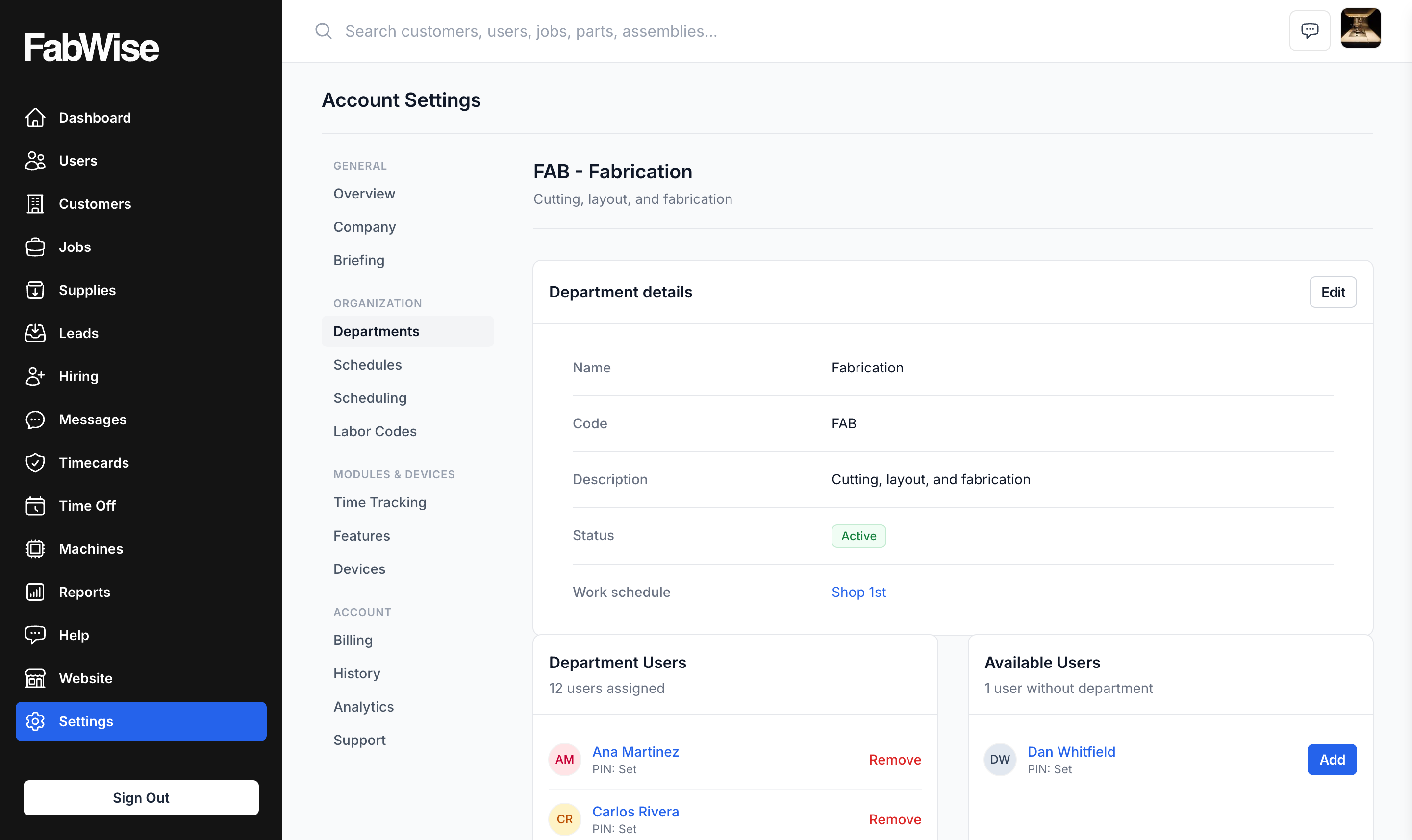 A department's detail page: name, code, description, status, and work schedule, with the assigned users listed below