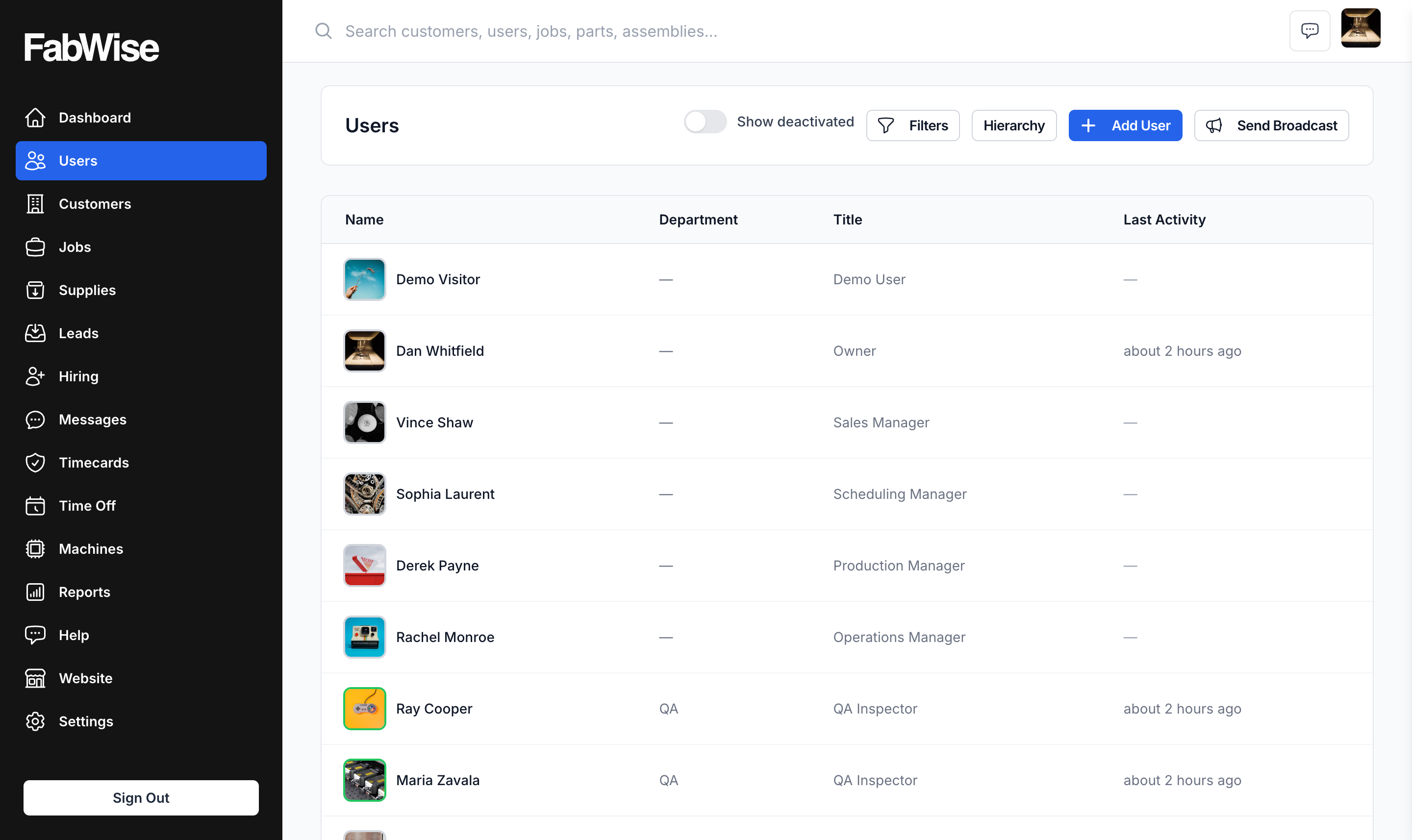 The Users index: each user with their avatar, department, title, and last activity, with Add User and Hierarchy buttons at the top