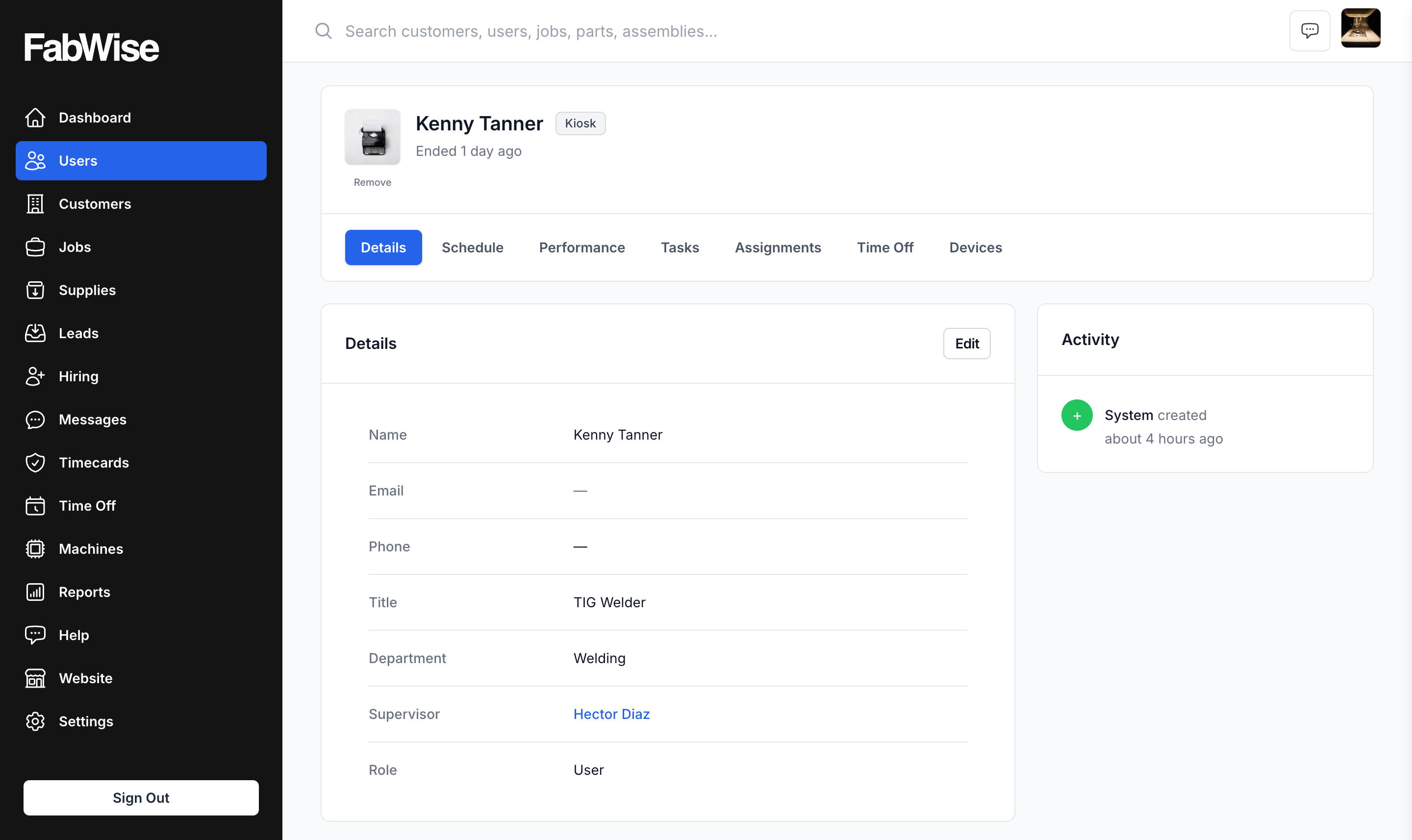 A worker's profile: name, title, department, supervisor, and role on the Details card, with tabs for Schedule, Performance, Tasks, Assignments, Time Off, and Devices