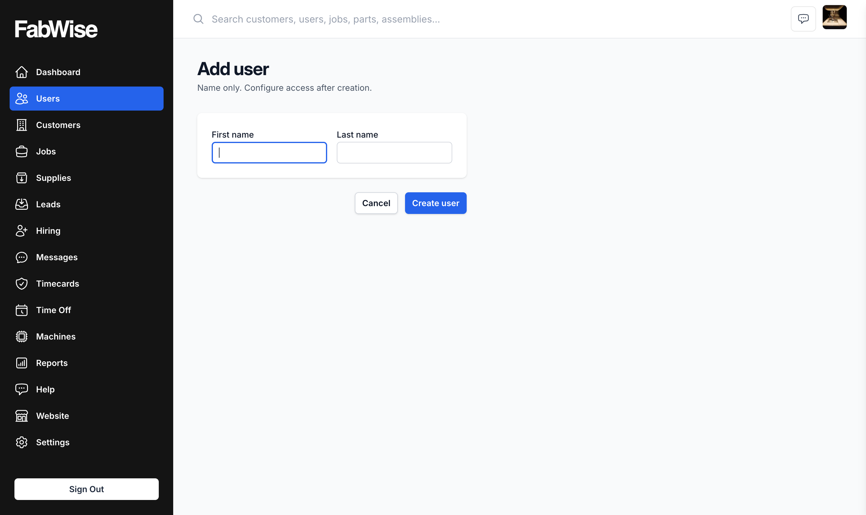 The Add user dialog: first and last name fields with a note that access is configured after creation