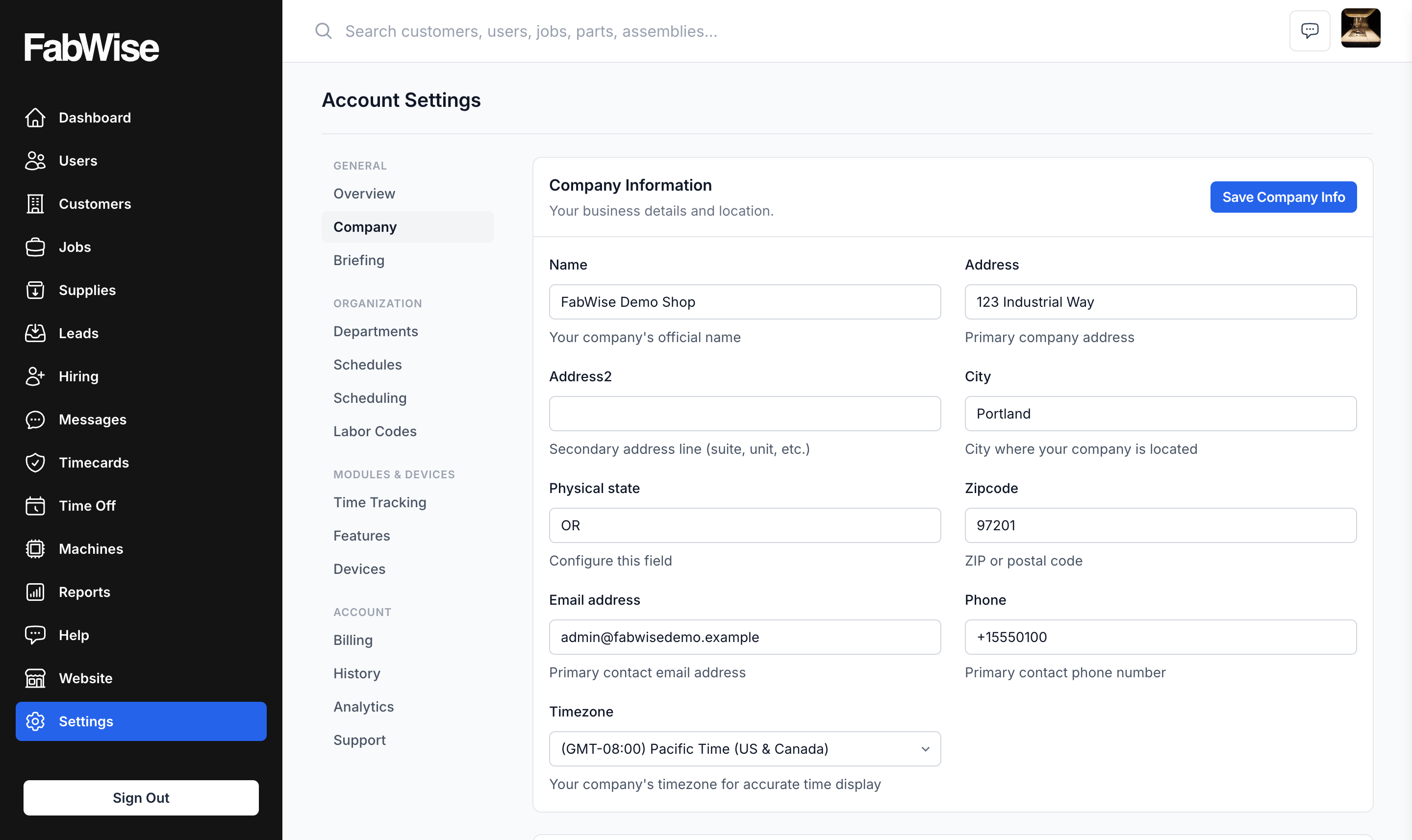 The Company settings form: shop name, address, contact email, phone, and timezone fields with a Save Company Info button