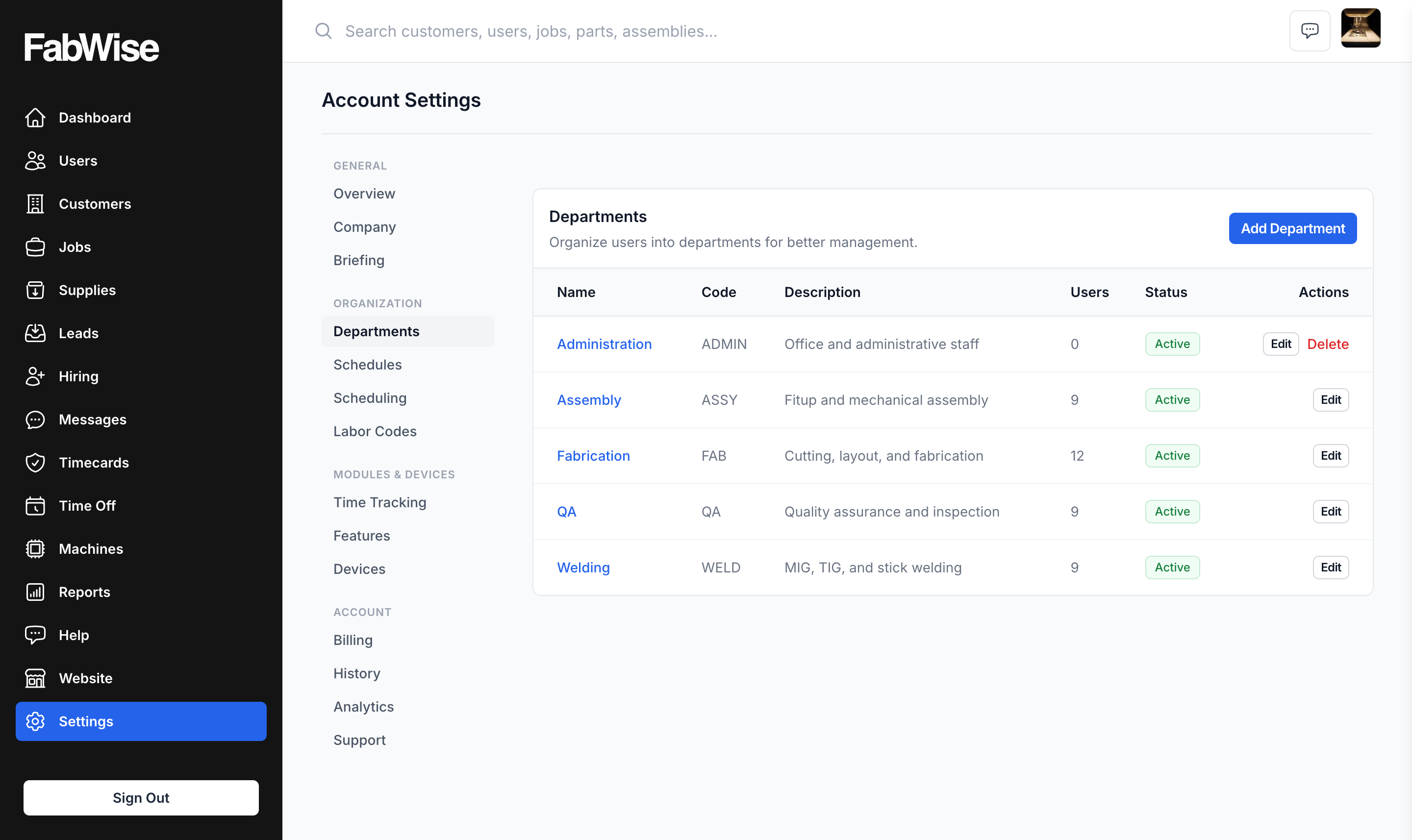 The Departments settings page: a table of departments with name, code, description, user count, and status, and an Add Department button