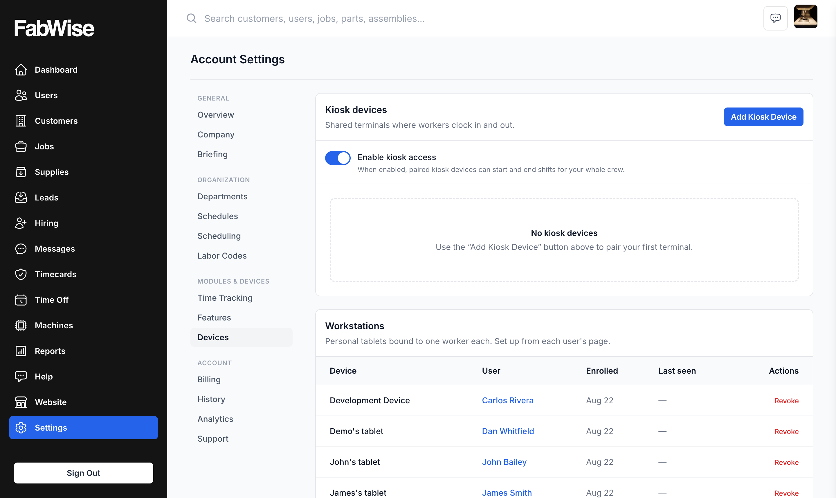 The Devices settings page: the Kiosk devices card with its Enable kiosk access toggle and Add Kiosk Device button, and the Workstations list below