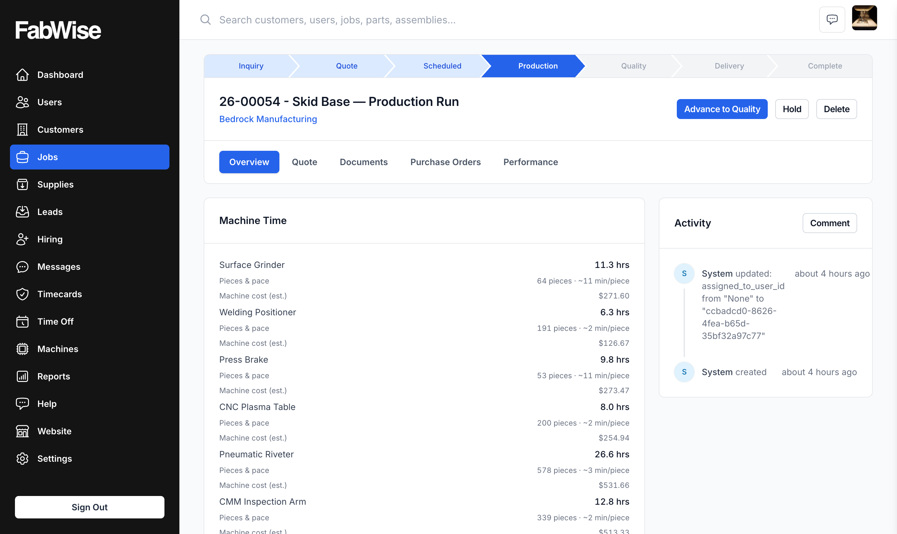 A job's detail page: the stage pipeline across the top with Production highlighted, the lifecycle action button in the header, and the Overview tab showing machine time and the activity feed