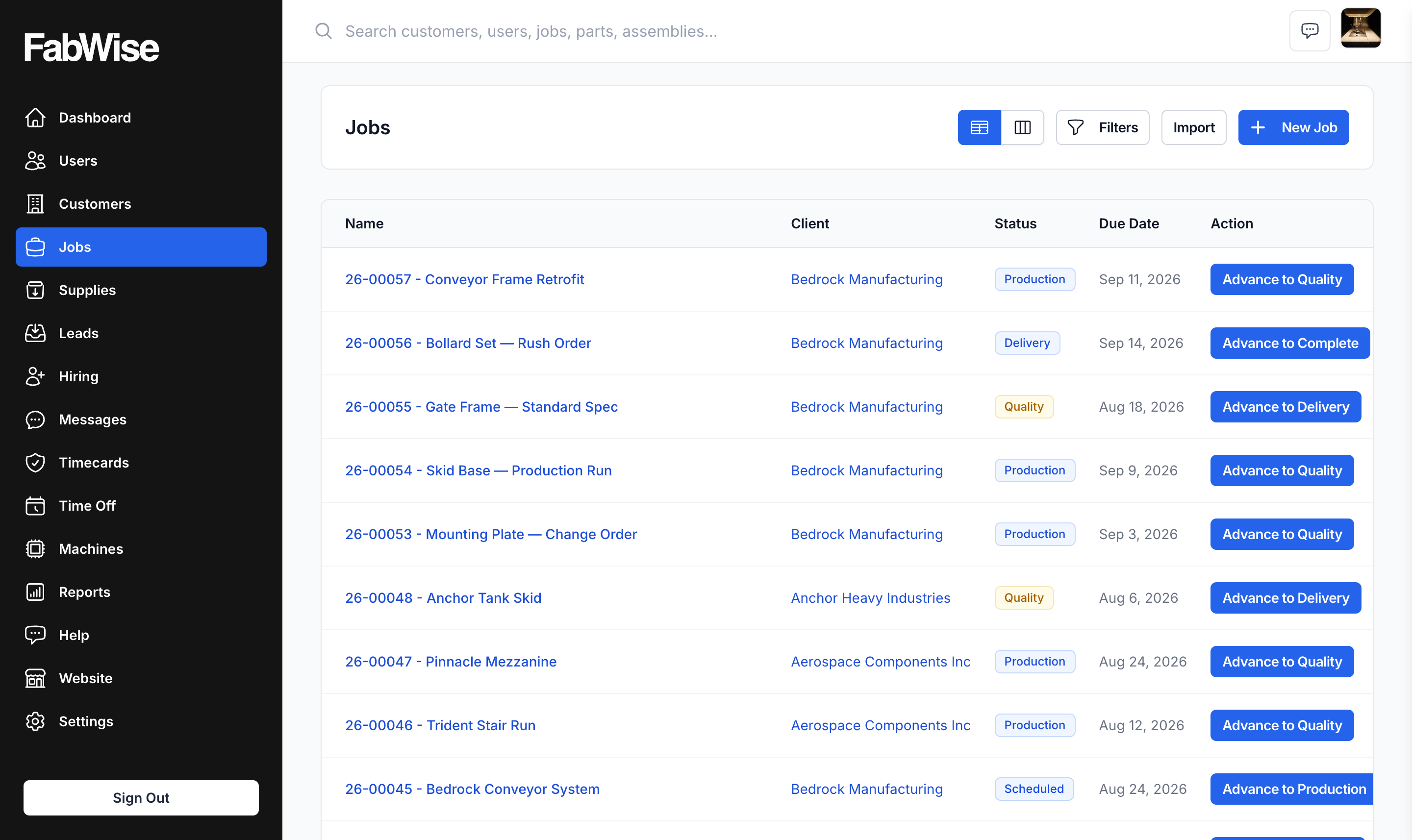 The Jobs index: each job with its stage badge, client, due date, and the lifecycle action that moves it forward