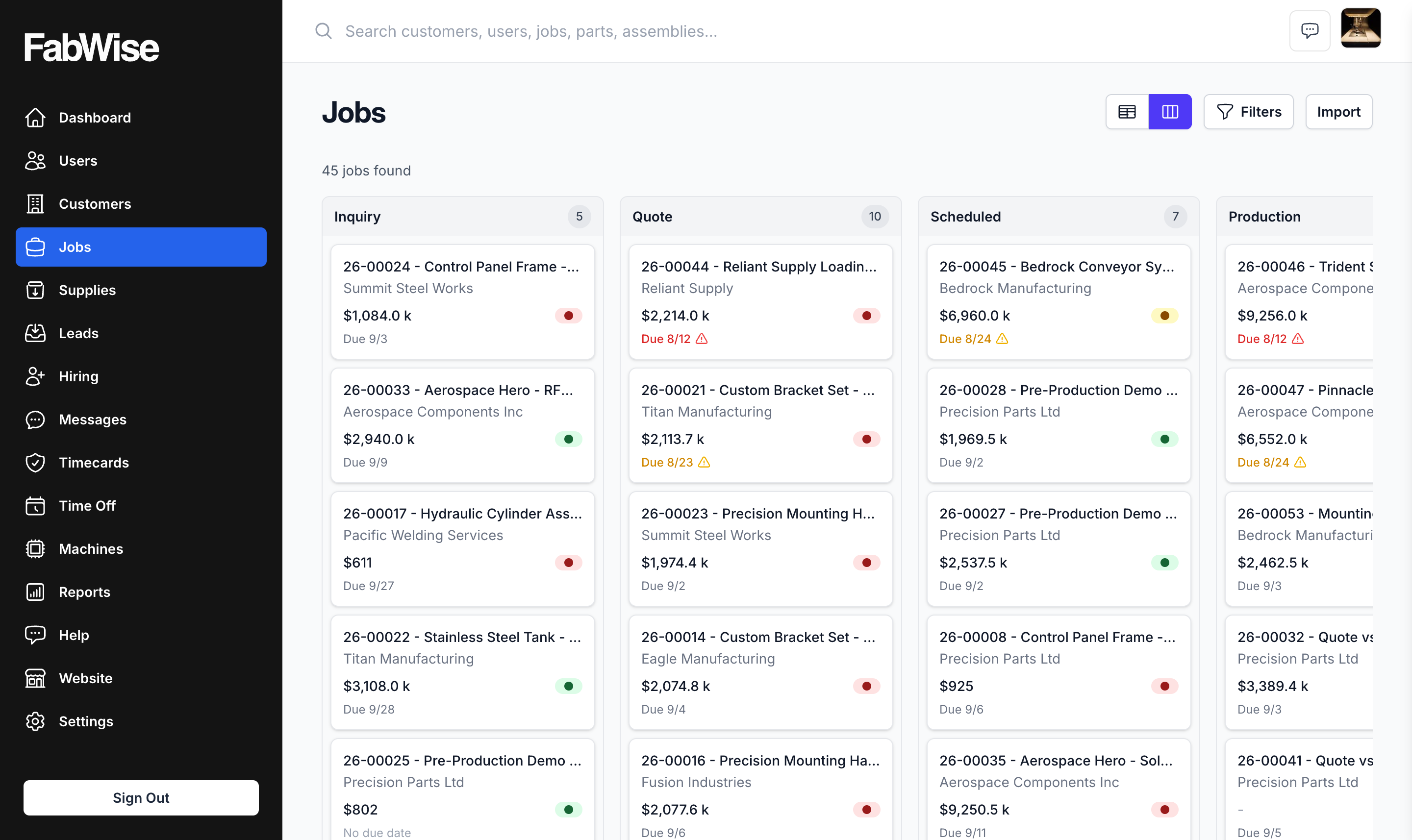 The Jobs kanban view: columns per stage with a card per job showing its customer, value, due date, and health dot