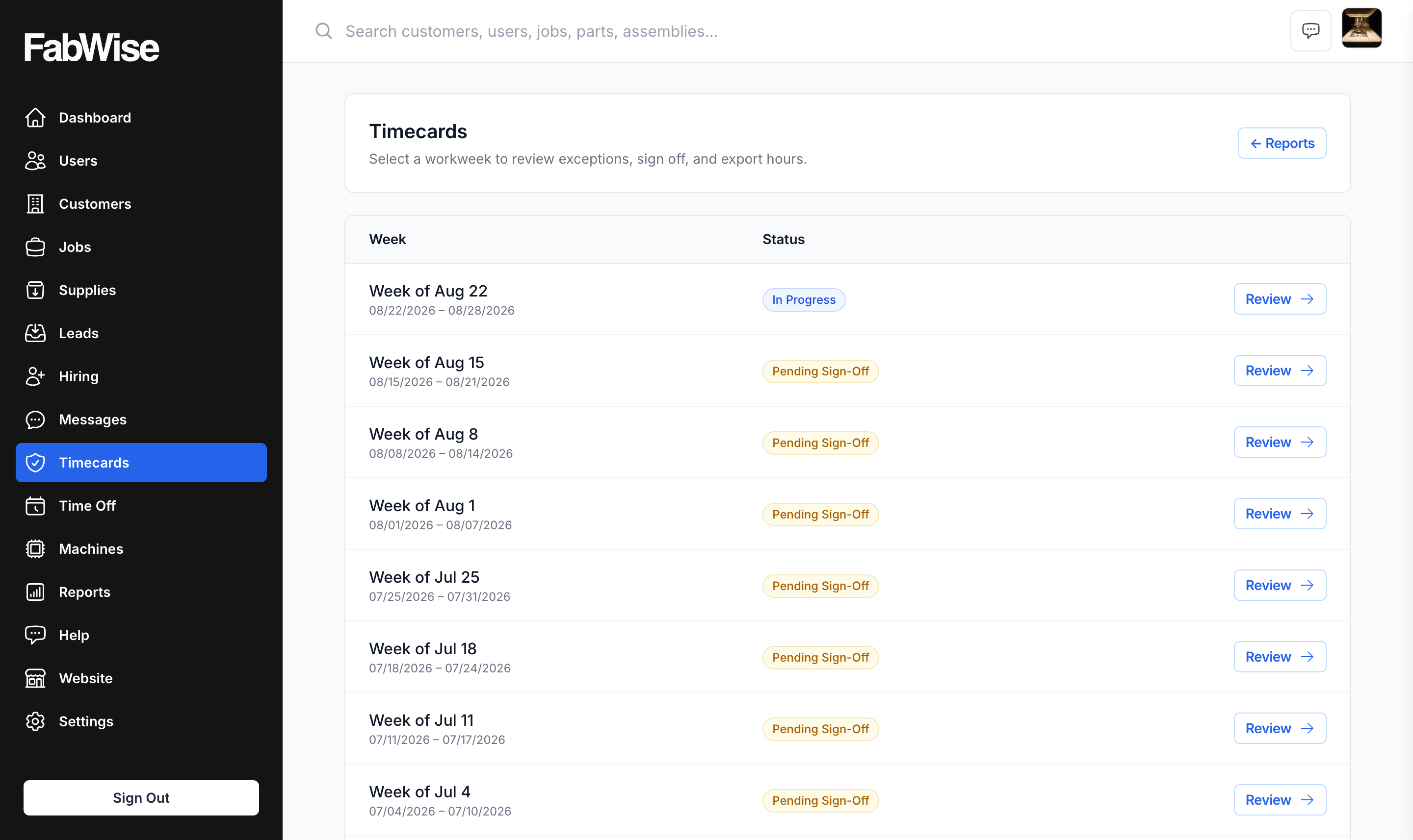 The Timecards review queue in the FabWise admin — a workweek per row with its sign-off status, ready to review and export