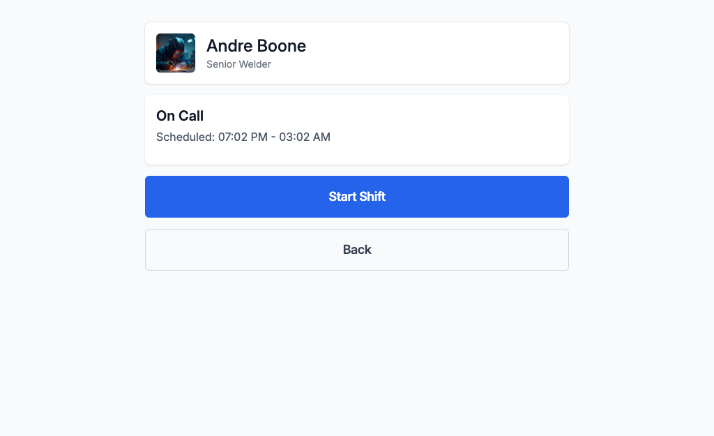 Kiosk shift confirmation screen showing the worker's scheduled hours