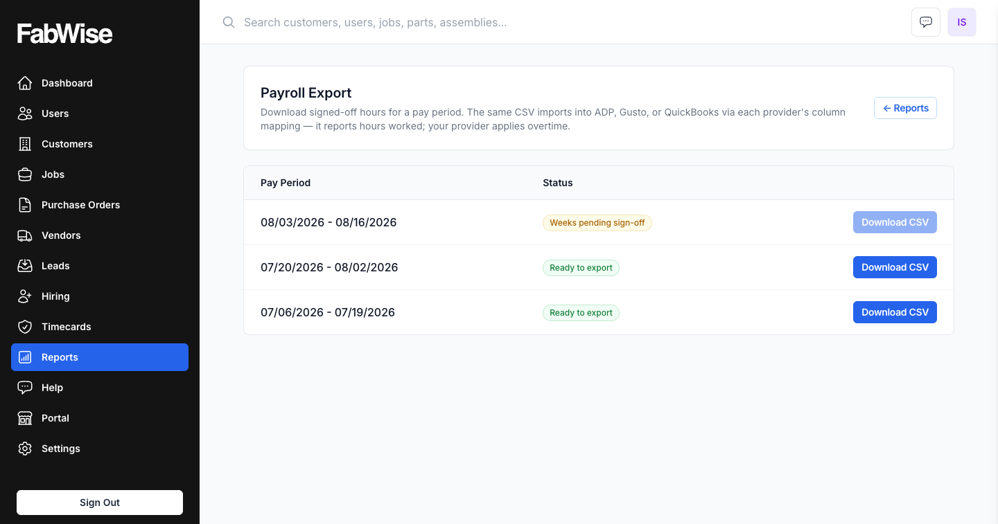 Payroll export screen with pay periods ready to download
