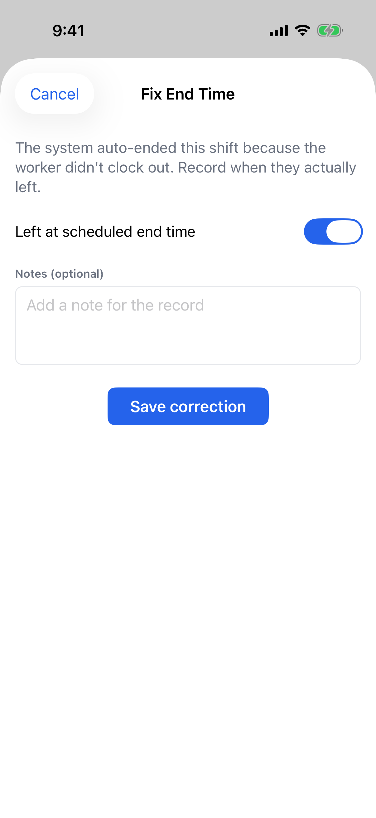 The iOS app correcting a shift's clock-out time