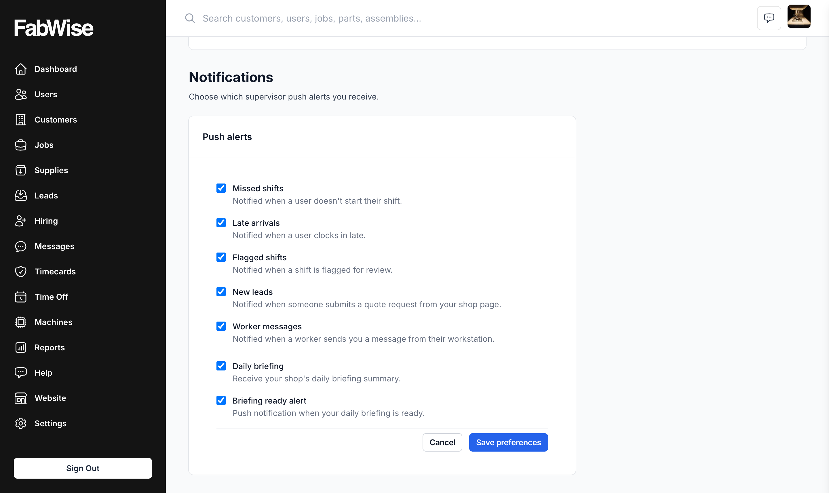 Per-person notification settings — each admin, manager, or supervisor opts into the briefing for themselves