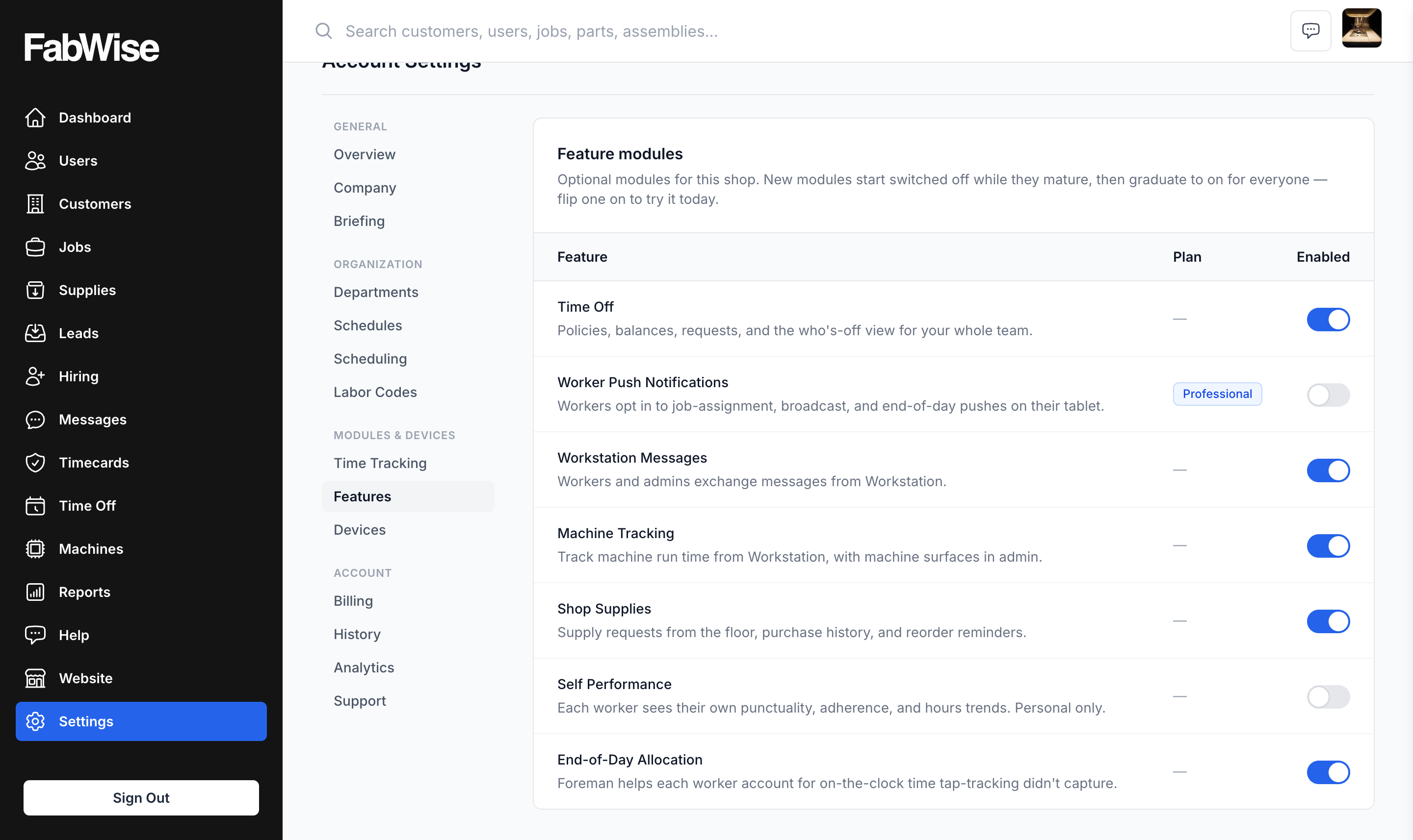 Feature modules in account settings — End-of-Day Allocation is its own switch, off until an admin flips it